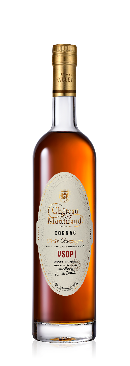 Bottle of Chateau Montifaud VSOP Cognac on a white background